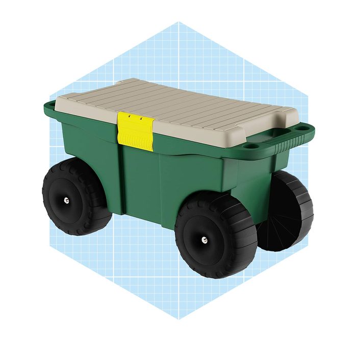 A green wheeled storage container with a beige lid is positioned on a light blue grid background, designed for easy transport and organization.