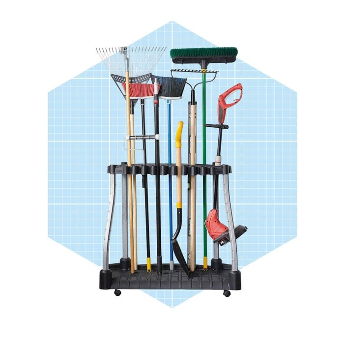 A tool holder displays various gardening tools organized vertically, standing on wheels against a light blue grid background.