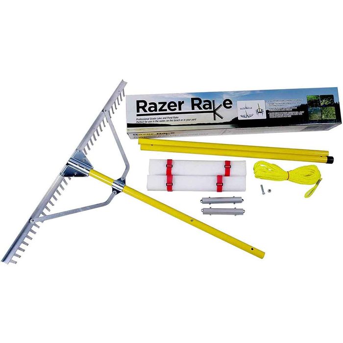 A yellow and silver rake is displayed alongside its assembly components and packaging, designed for use in lakes, ponds, or yards.