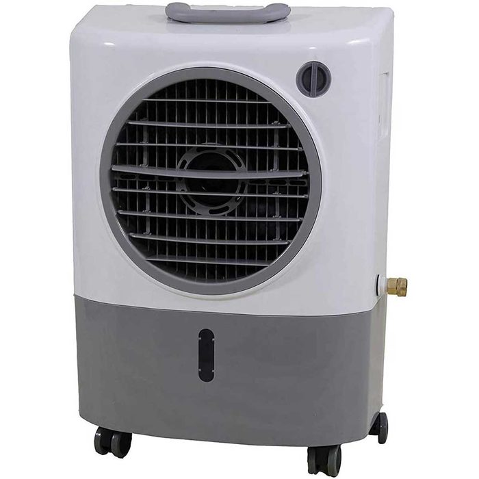 A portable air cooler features a large front fan, blowing air outward, positioned on wheels in a simple, modern design.