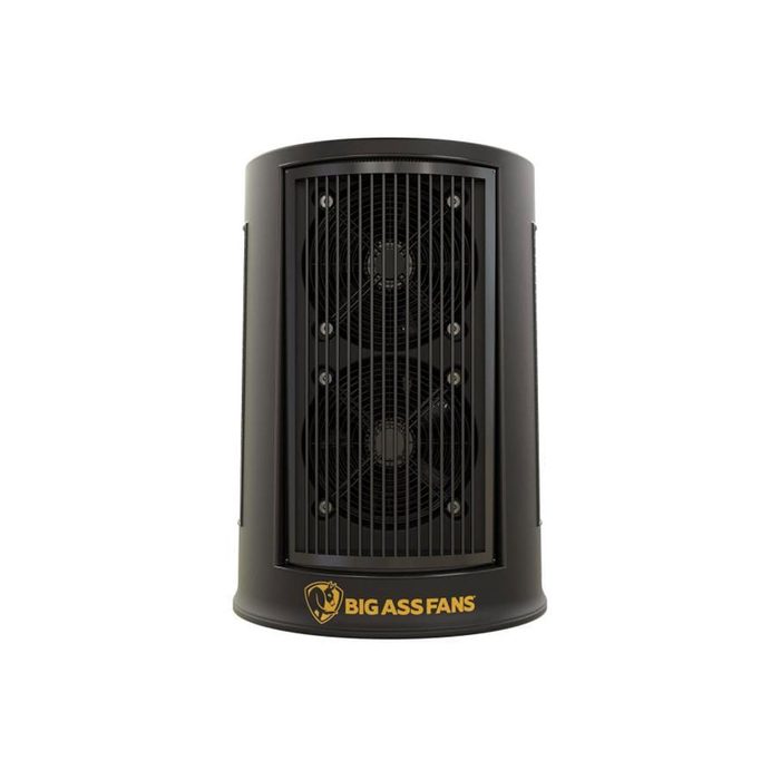 A black cylindrical fan with dual front grilles operates, designed for high airflow, typically used for cooling in larger spaces.