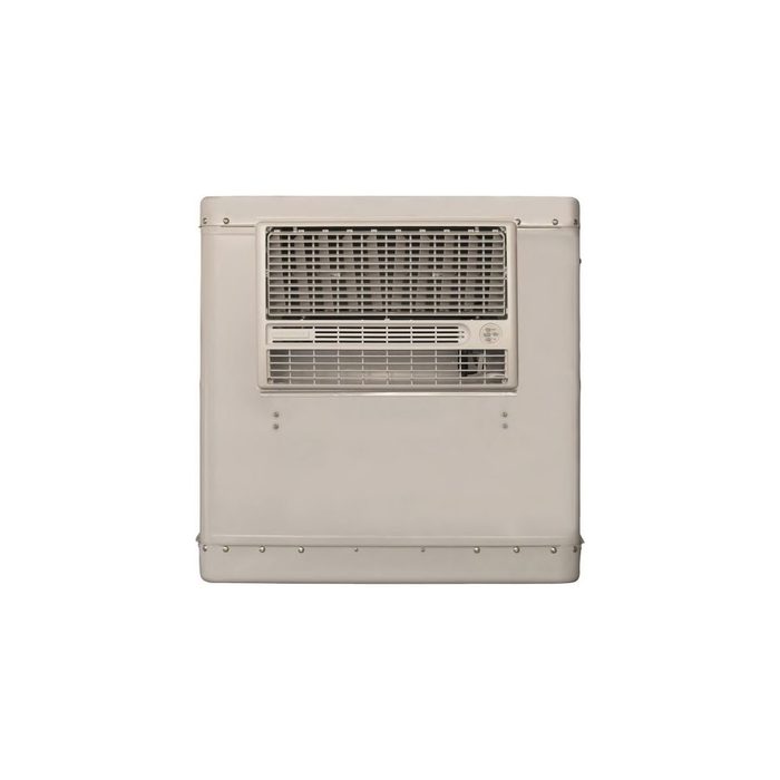 A wall-mounted air conditioner unit cools indoor air, featuring a front grille for airflow, set against a plain, light-colored background.