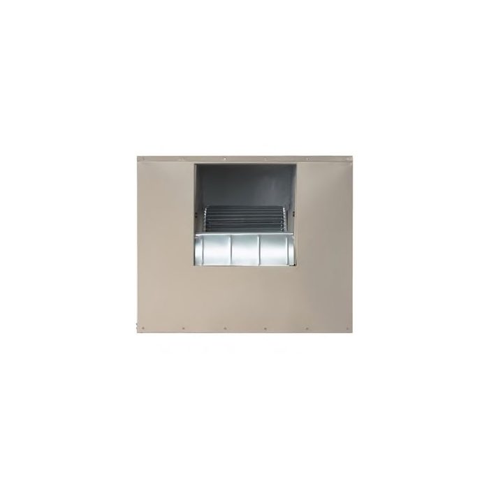 A square metal ventilation unit, open at the front, features adjustable slats for airflow control, designed for wall installation in a building.
