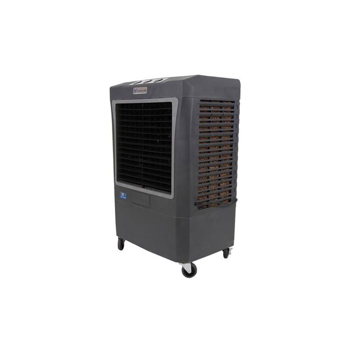 A large, wheeled air cooler stands upright, featuring a vertical grille and side panels. It cools the air, likely for indoor or outdoor use.