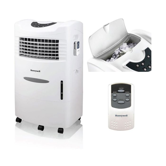 A portable air conditioner cools air, featuring a control panel and a removable water tank. A remote control is included for convenient operation.