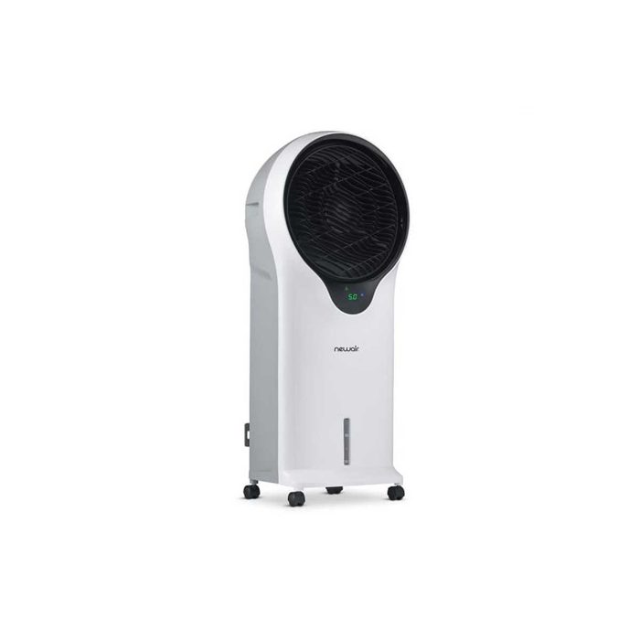 A portable white air cooler stands upright on wheels, actively circulating cool air, suitable for indoor use to maintain comfortable temperatures.