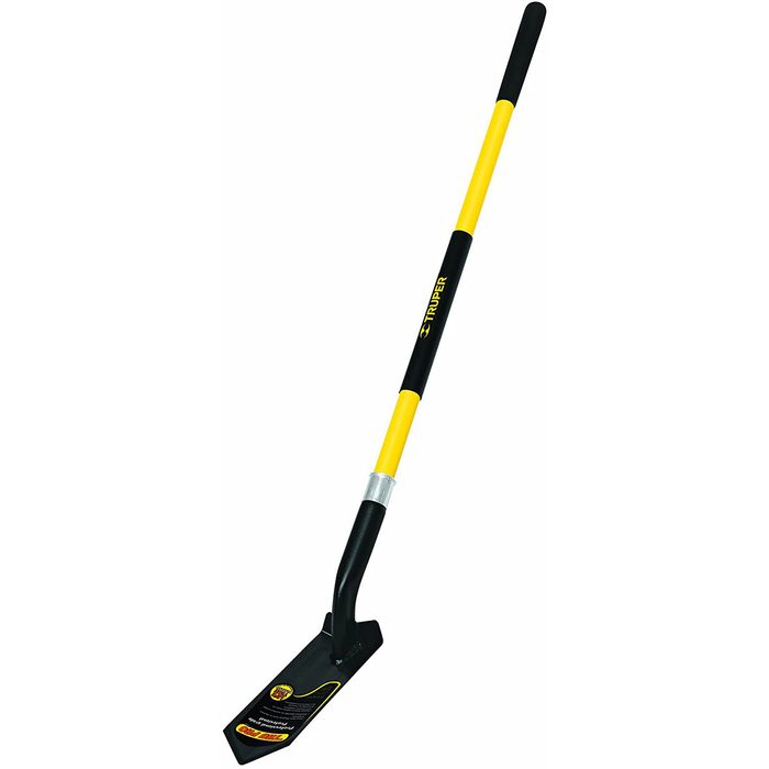 A long-handled shovel with a black head and yellow handle rests upright, ready for use in digging or moving soil in a gardening or construction context.