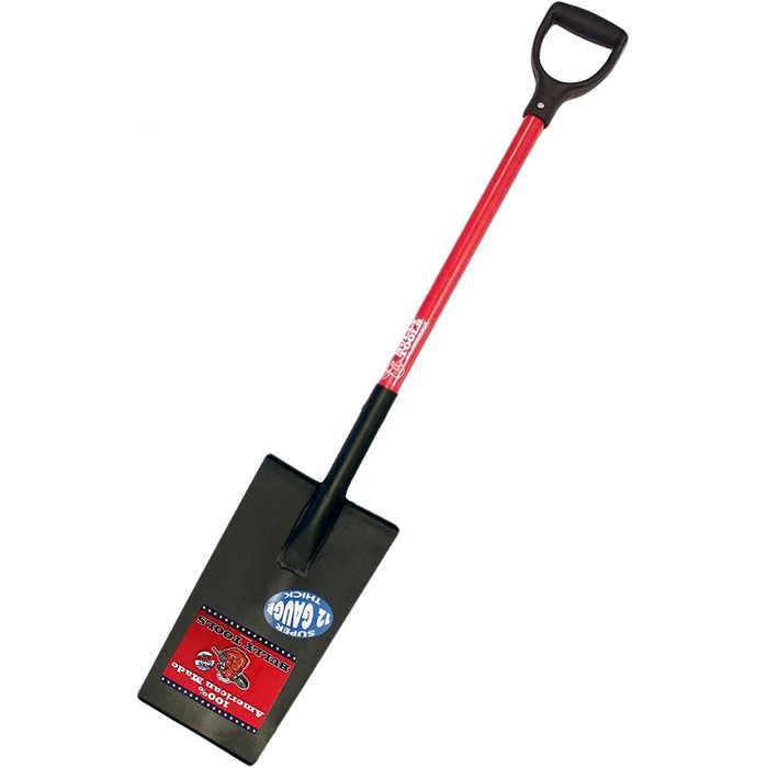 A shovel with a black blade and a red handle stands upright against a neutral background, ready for digging or moving materials.