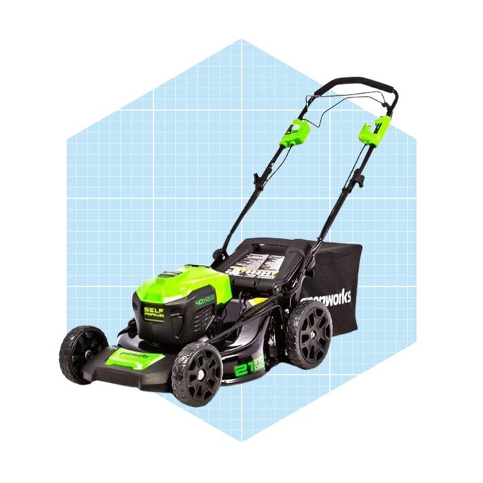 A green and black self-propelled lawn mower sits on a light blue grid background, ready for use in yard maintenance.