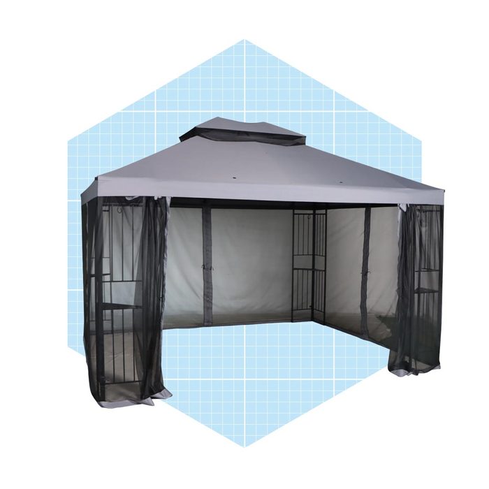 A gray gazebo with mesh sides stands prominently. Its open design allows for airflow, situated against a light blue grid background.