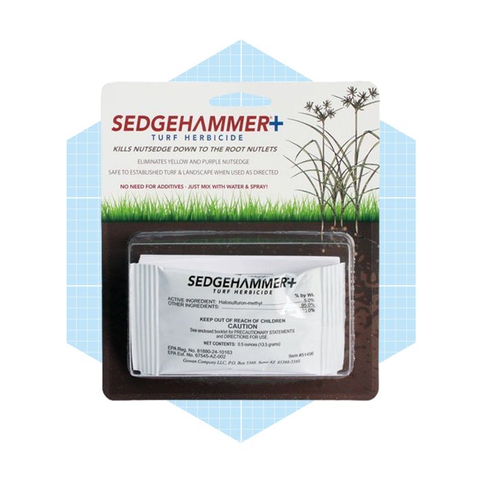 A packaging of SedgeHammer+ turf herbicide prominently displays instructions for eliminating nutsedge, set against a light blue geometric background.