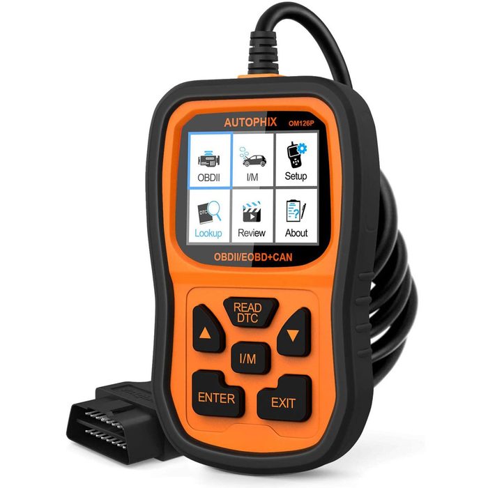 A handheld OBD-II scanner displays diagnostic options on its screen while connected to a vehicle