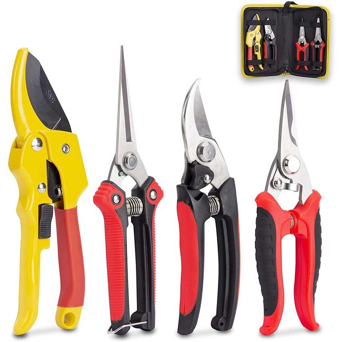 Four types of cutting tools are arranged in a row, showcasing different styles and colors, with a compact tool case displayed in the background.