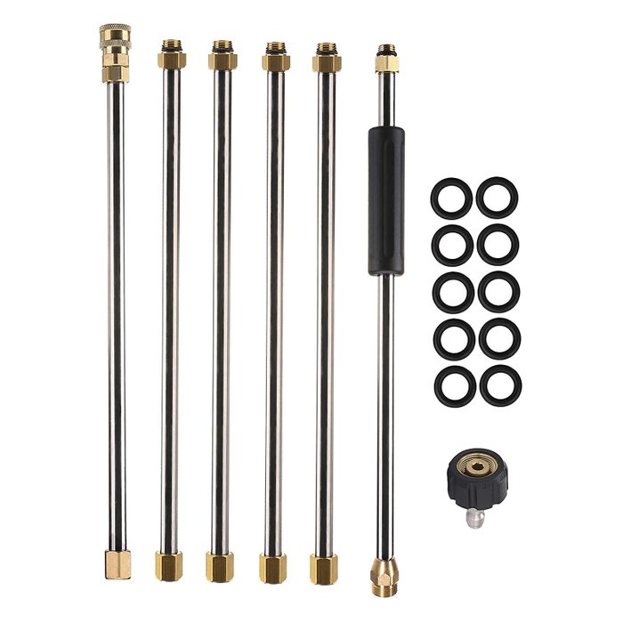 A set of metal extension rods and a connector for a pressure washer, alongside several rubber O-rings, arranged neatly against a plain background.