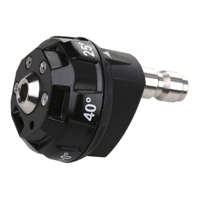 A black adjustable nozzle with degree markings (25° and 40°) is positioned for water spraying, typically used in gardening or cleaning tasks.