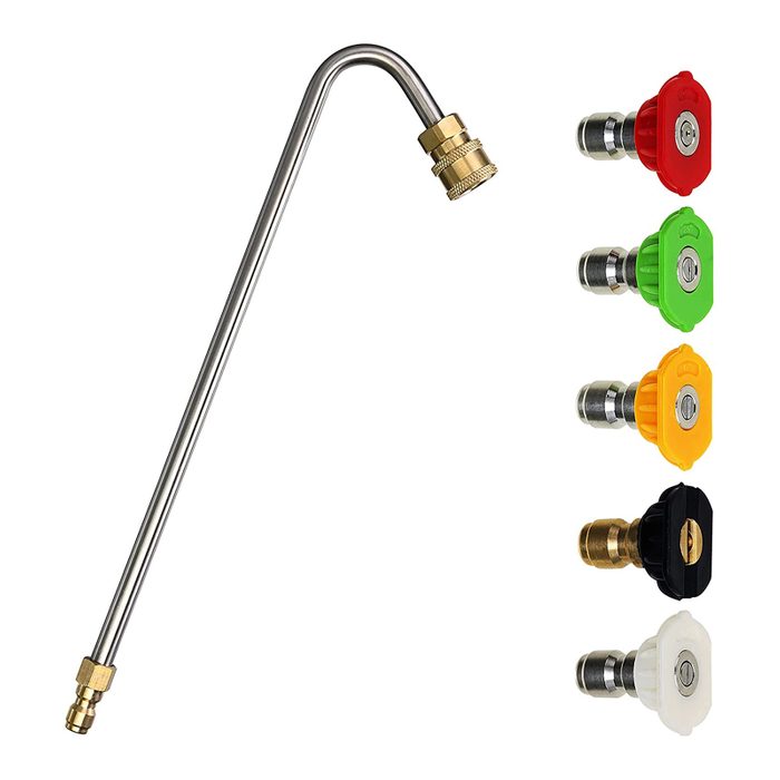 A curved metal wand with a brass connector is displayed alongside five differently colored nozzle attachments, indicating potential adjustable spray settings for cleaning tasks.
