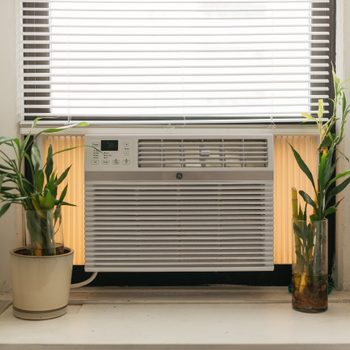 An air conditioning unit is installed in a window, surrounded by potted plants, with sunlight filtering through the blinds above.