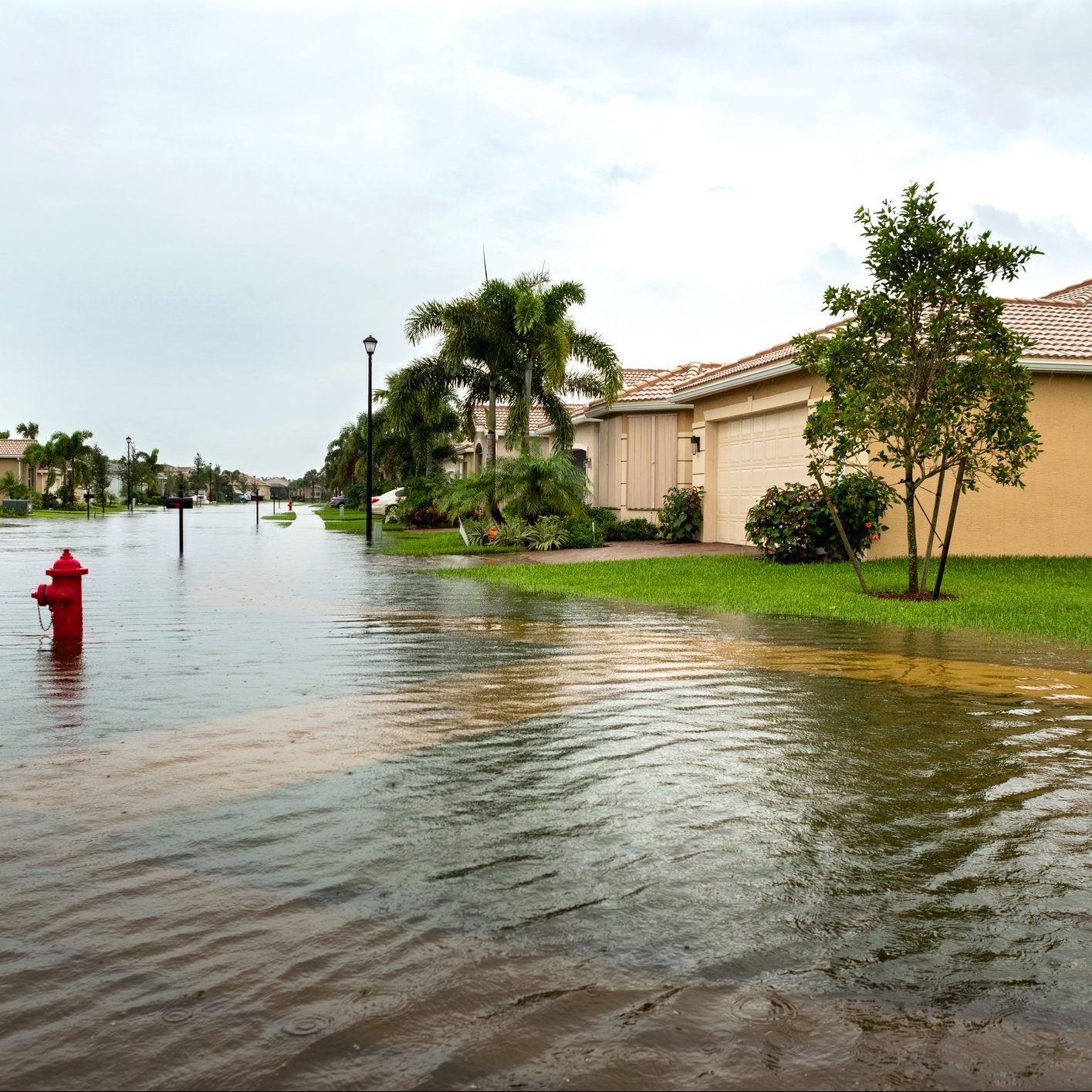 flooding on residential street from a flash flood storm