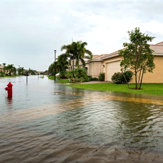 flooding on residential street from a flash flood storm
