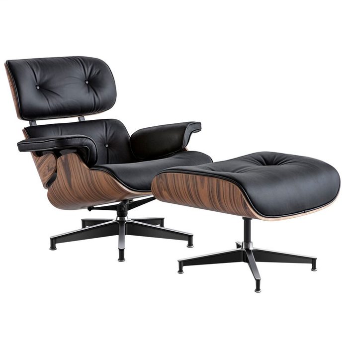 A sleek, modern chair with a high back and curved wooden armrests reclines next to a matching ottoman, both featuring black leather cushions.
