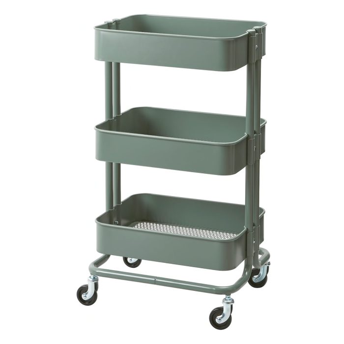 A gray rolling cart with three open bins stacked vertically, positioned on wheels for easy movement, designed for versatile storage in various spaces.