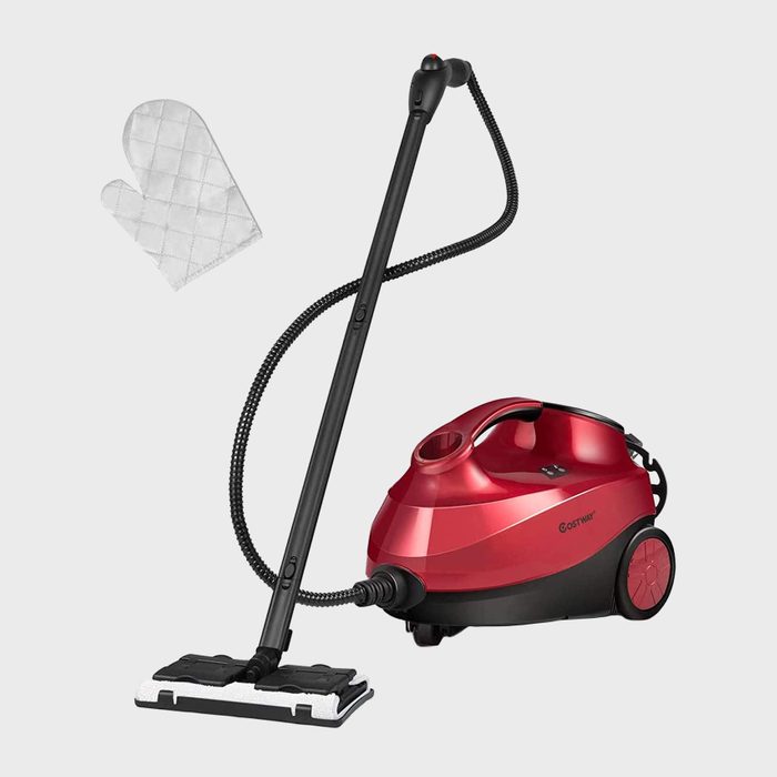 A red steam cleaner stands upright, ready for use, with a black hose. A quilted white oven mitt is nearby, suggesting cleaning preparation.