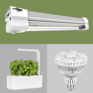 Three indoor gardening tools are displayed: a LED grow light, a small white planter with basil, and a bulb-shaped light fixture, all on contrasting backgrounds.