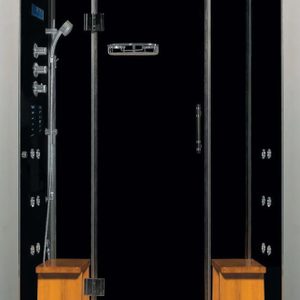 A sleek shower enclosure displays chrome fixtures; water flows from the showerhead against a reflective black backdrop, with wooden benches enhancing the modern design.
