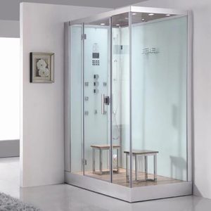 A sleek, modern shower enclosure features glass walls, dual wooden benches inside, and multiple shower controls, situated against a minimalist wall.