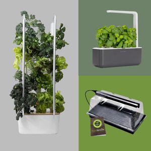 Vertical planters display various leafy greens, growing under artificial lighting, set against neutral and green backgrounds, indicating a modern indoor gardening context.