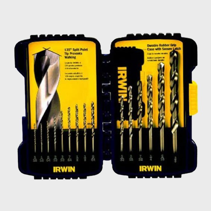 A drill bit set with various sizes is displayed in a sturdy black and yellow case, showcasing features like a 135° split point tip.