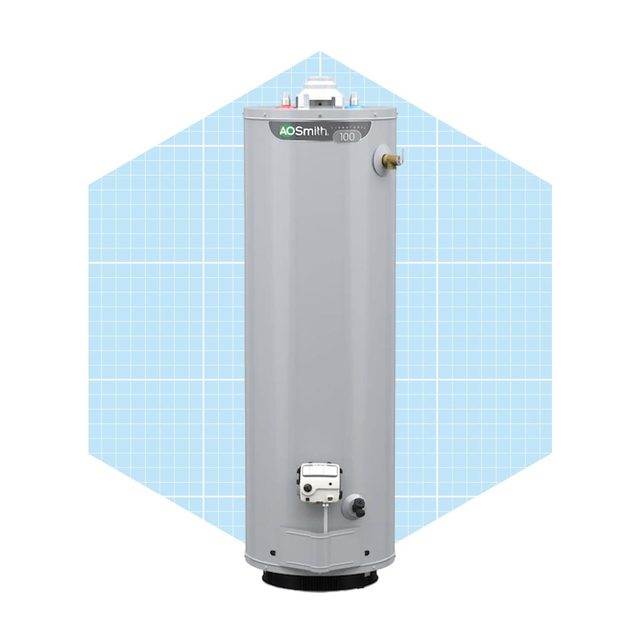 A gray water heater stands upright, featuring connection points and a control panel, set against a light blue grid background.