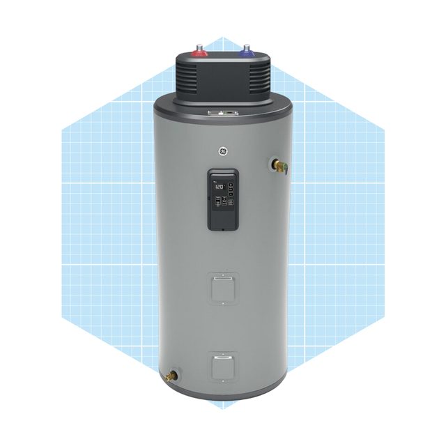 A cylindrical water heater stands upright, displaying a control panel. It is set against a blue grid background, emphasizing its modern design.