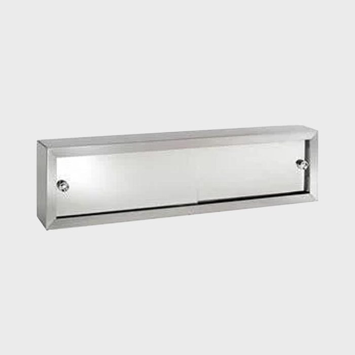 A rectangular, mirrored wall cabinet with two sliding doors and a central knob, designed for storage in a bathroom or similar space.