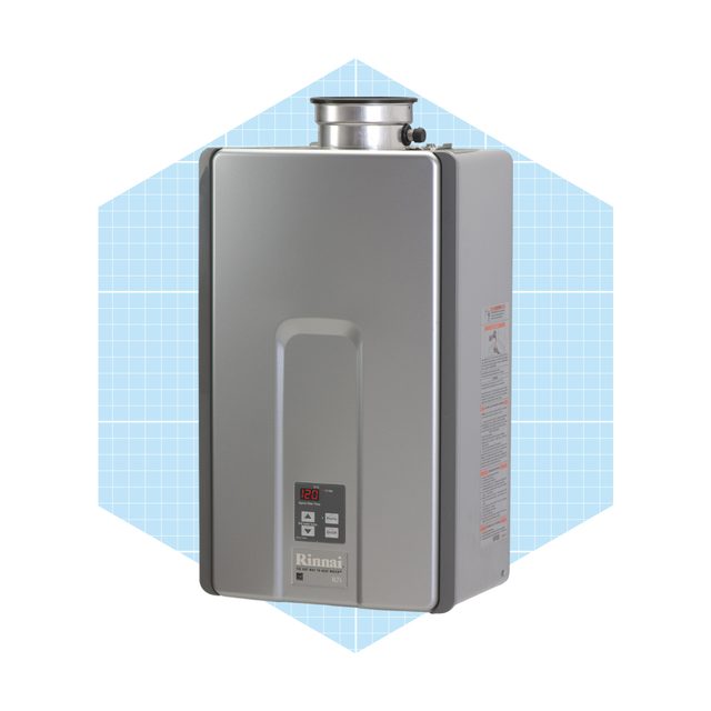 A sleek, silver tankless water heater displays a digital temperature readout, set against a light blue grid background, indicating its modern design and functionality.