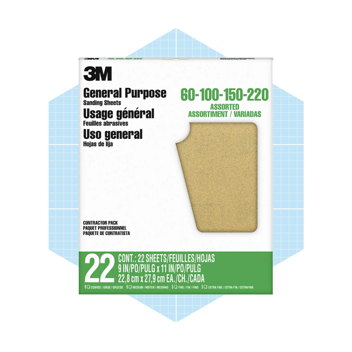 A package of sanding sheets is displayed, labeled with specifications. It includes 22 sheets in various grits for general use, suitable for multiple surfaces.