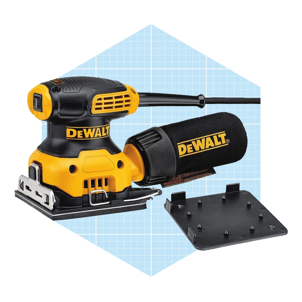 A yellow and black electric sander sits on a blue grid background, featuring a dust collection bag and a detachable sanding pad for smoothing surfaces.
