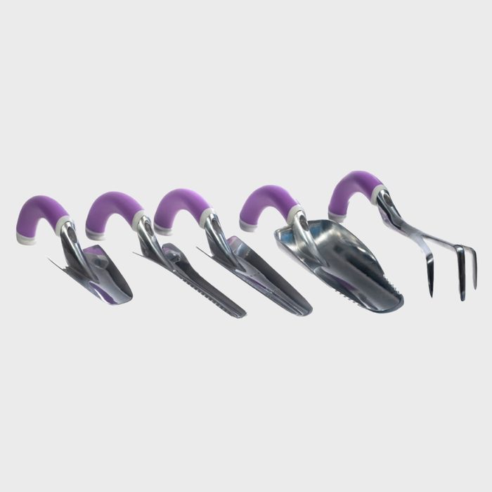 Five gardening tools with purple handles are arranged in a row, showcasing a trowel, a weeder, a transplanter, a scoop, and a cultivator.
