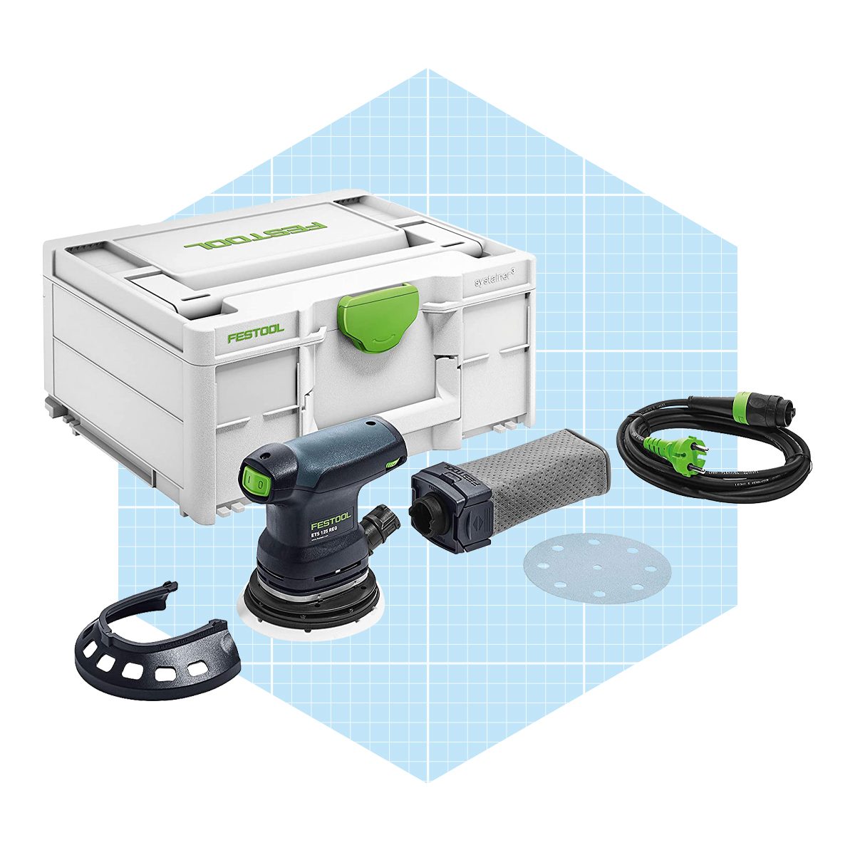A sanding tool and accessories are arranged around a storage box, highlighting equipment for woodworking or surface finishing in a clean, organized setting.