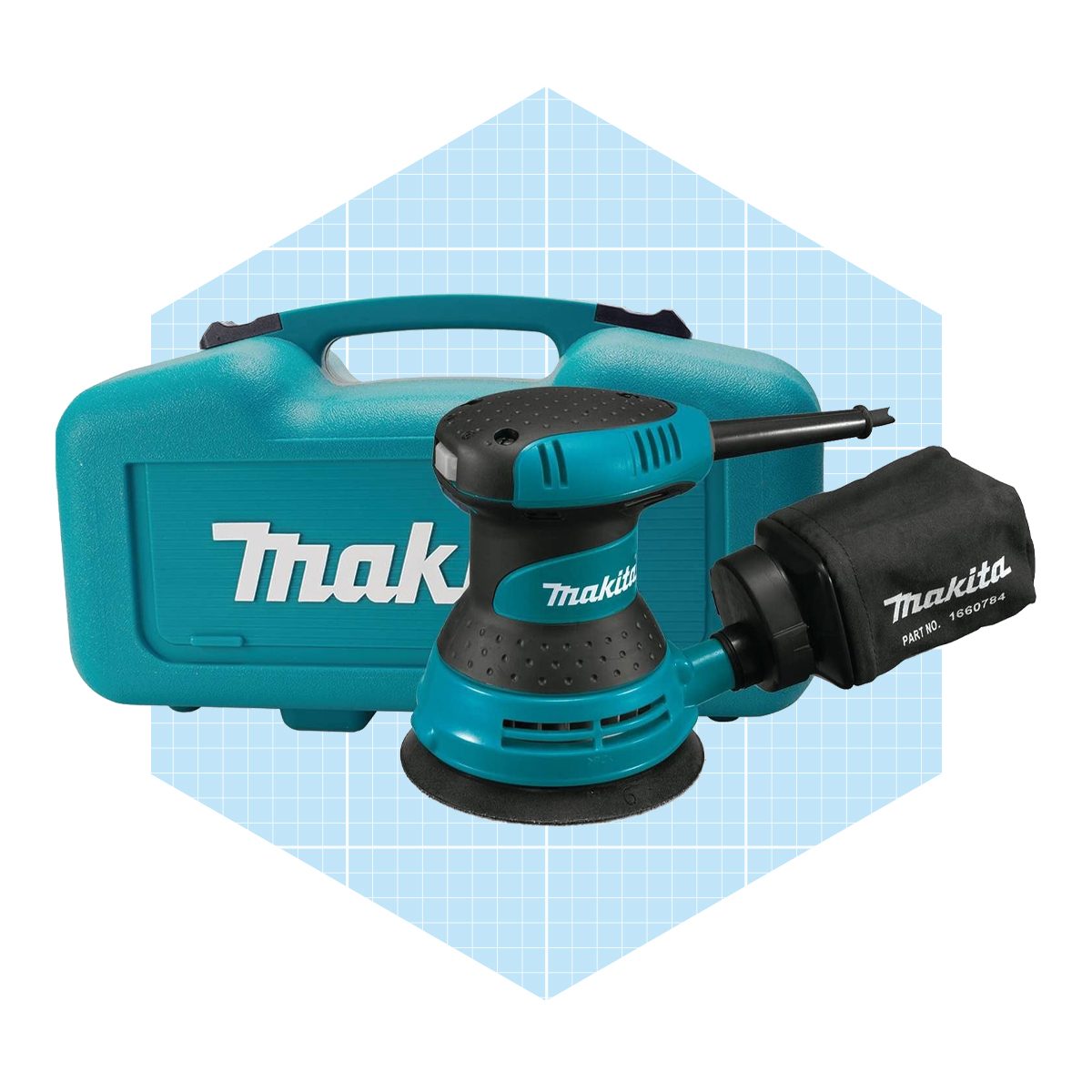 A Makita orbital sander is positioned beside its teal carrying case and a dust bag, set against a light blue geometric background.