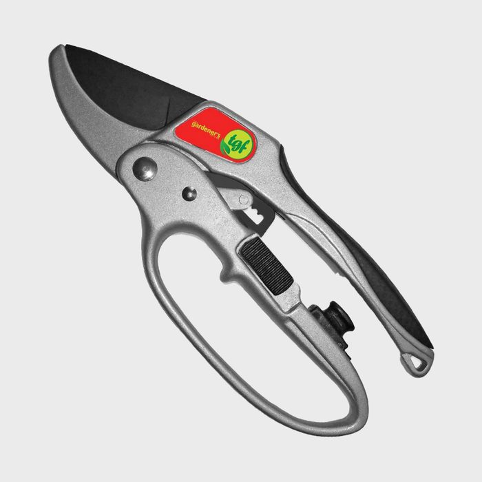 A pair of gardening shears rests on a neutral background, showcasing a metallic design with a green and red logo, ideal for cutting plants.