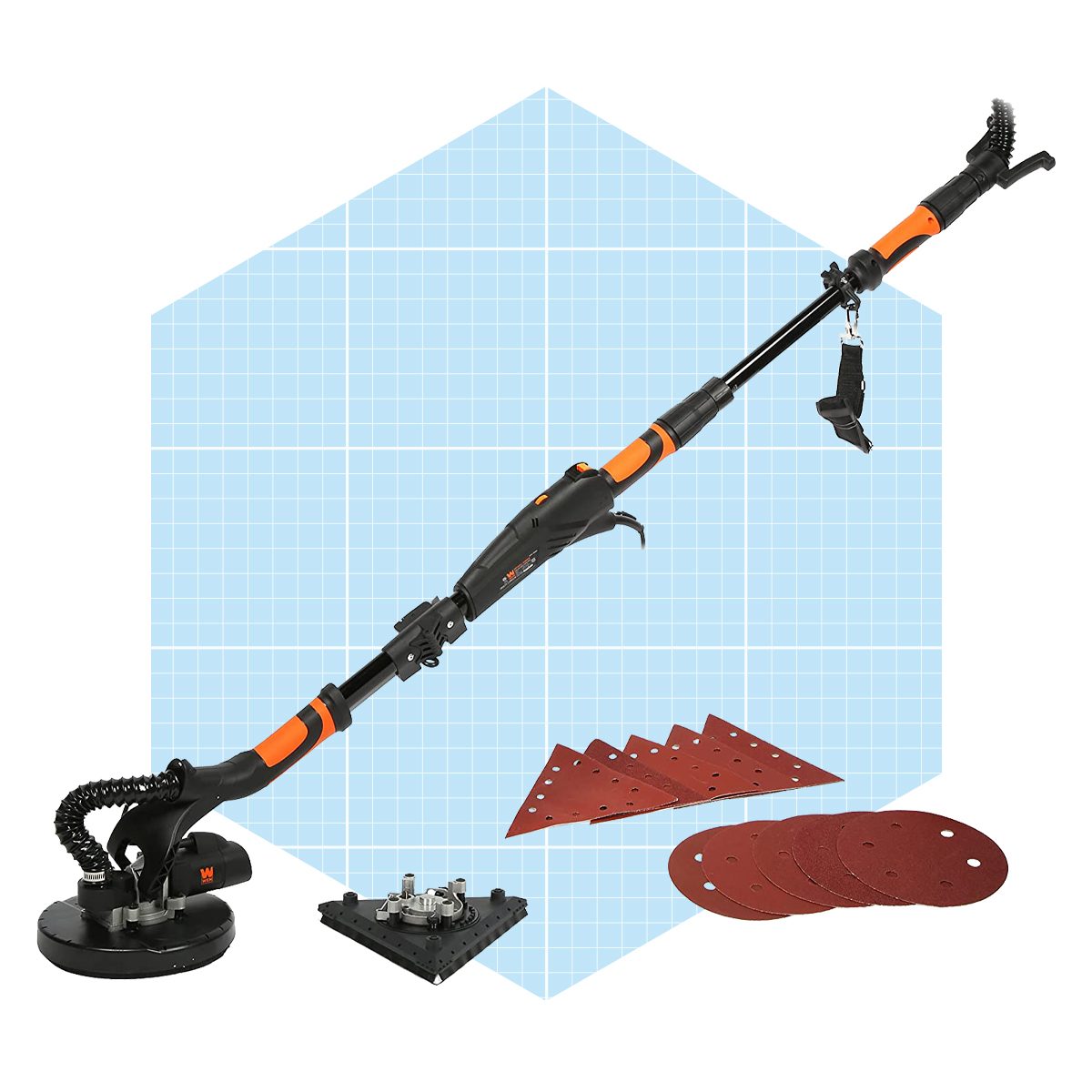 A long, extendable sander is displayed with various sanding discs and attachments, set against a light blue grid background, indicating tools for drywall finishing.