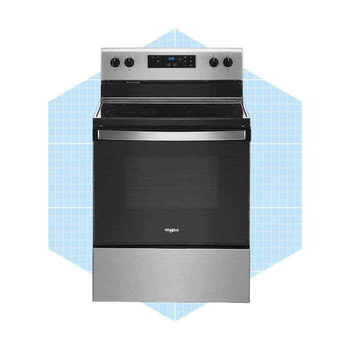 A stainless steel electric stove displays its oven and control panel, featuring a sleek design against a light blue grid background.