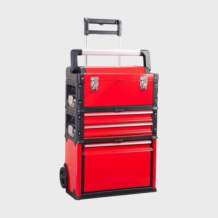 A red rolling toolbox stands upright, featuring multiple compartments and a extendable handle, designed for organized storage and easy transport of tools.