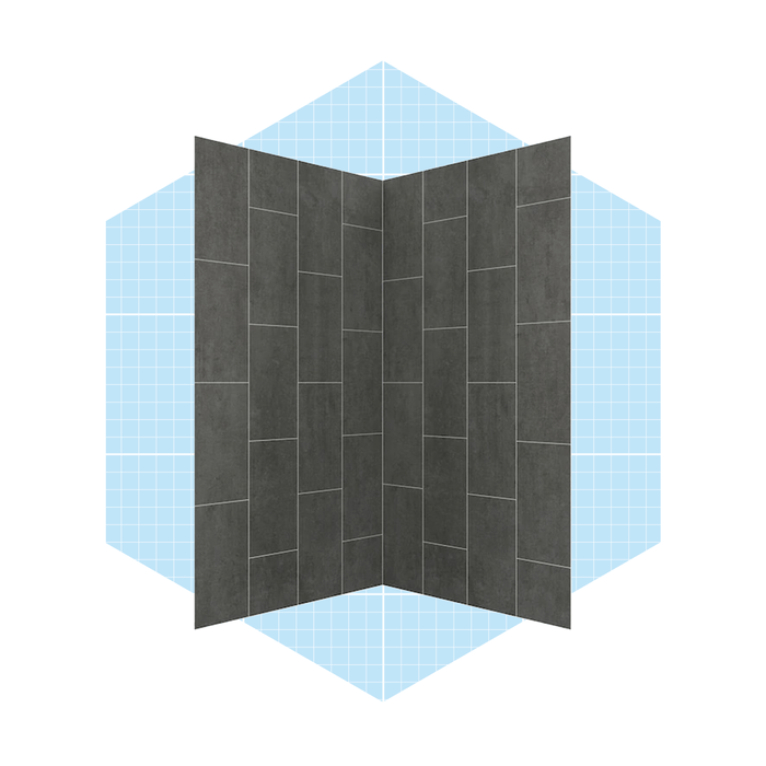 Two dark, tiled walls meet at a corner, displayed against a light blue grid background, suggesting a room design or architectural layout.
