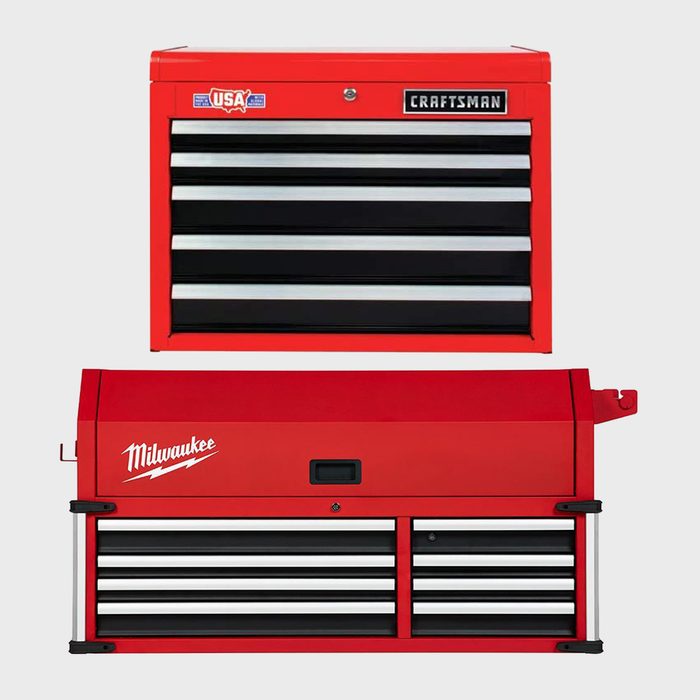 Two red tool chests with multiple drawers are displayed, one labeled 