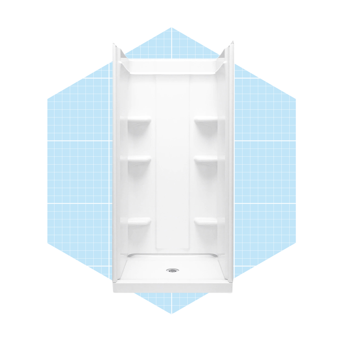 A white shower stall stands upright, featuring shelves for toiletries. It is set against a light blue grid-patterned background.