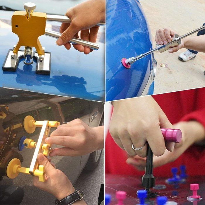 Various car dent repair tools are being used by hands on different vehicle surfaces, showcasing techniques for restoring the car