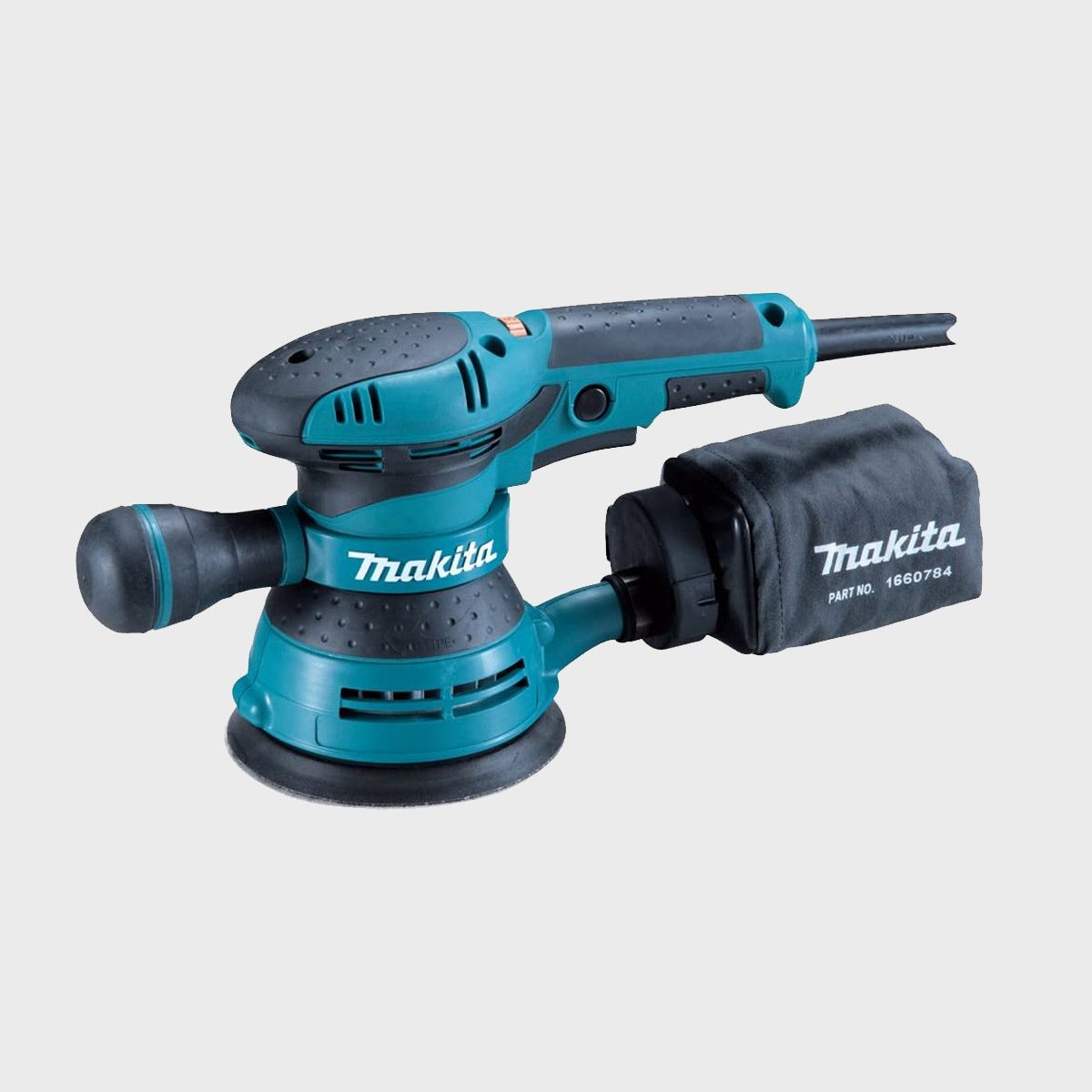 A blue and black electric sander is displayed, designed to smooth surfaces, connected to a dust bag, and set against a neutral gray background.