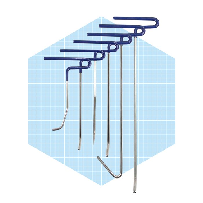 Metal stakes with blue handles are arranged vertically, showcasing various lengths and hook shapes against a light blue grid background.